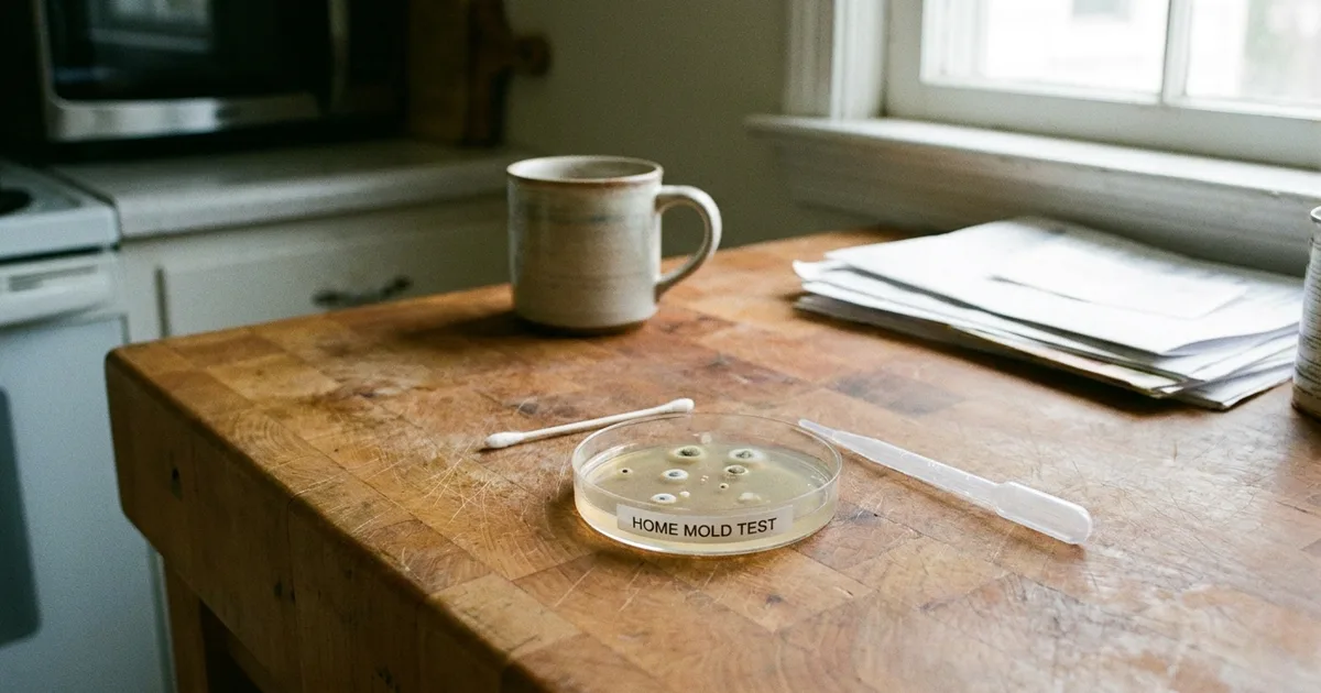 A DIY black mold test kit petri dish left open on a kitchen counter