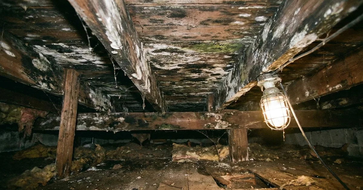 Mold growth on wooden floor joists inside a Central Florida home crawl space