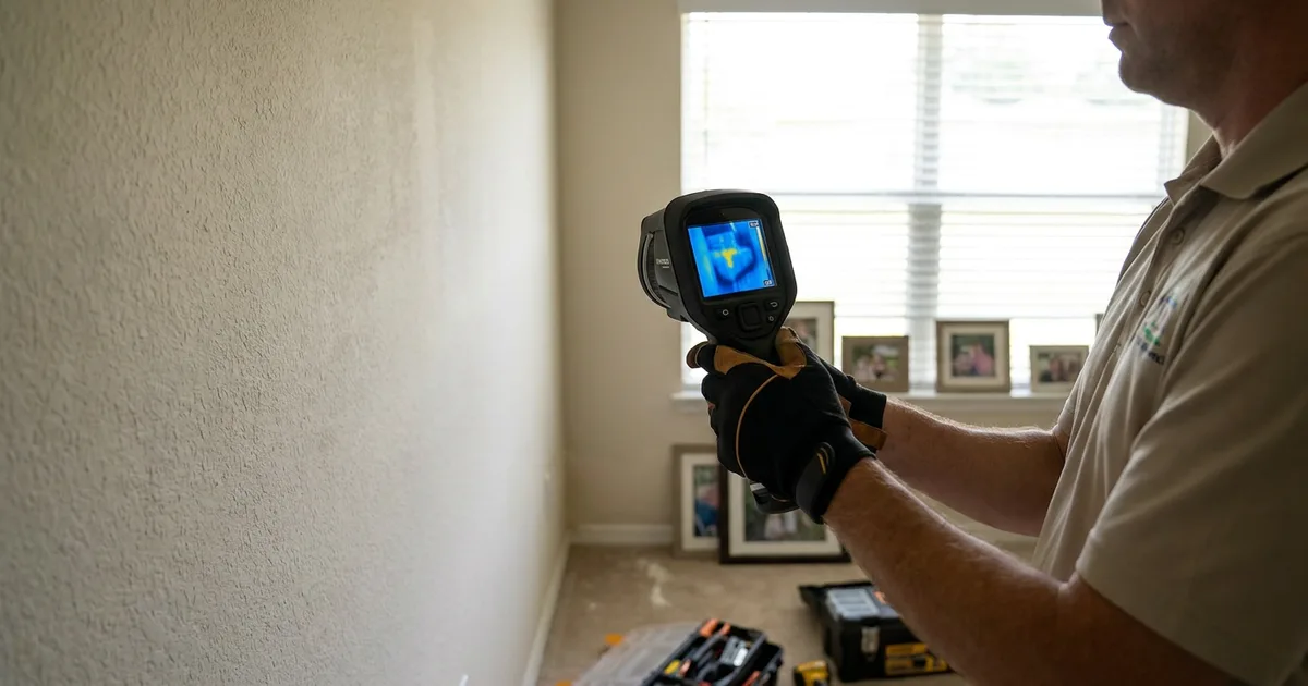Mold inspector using a thermal camera to map moisture inside an Orlando home wall