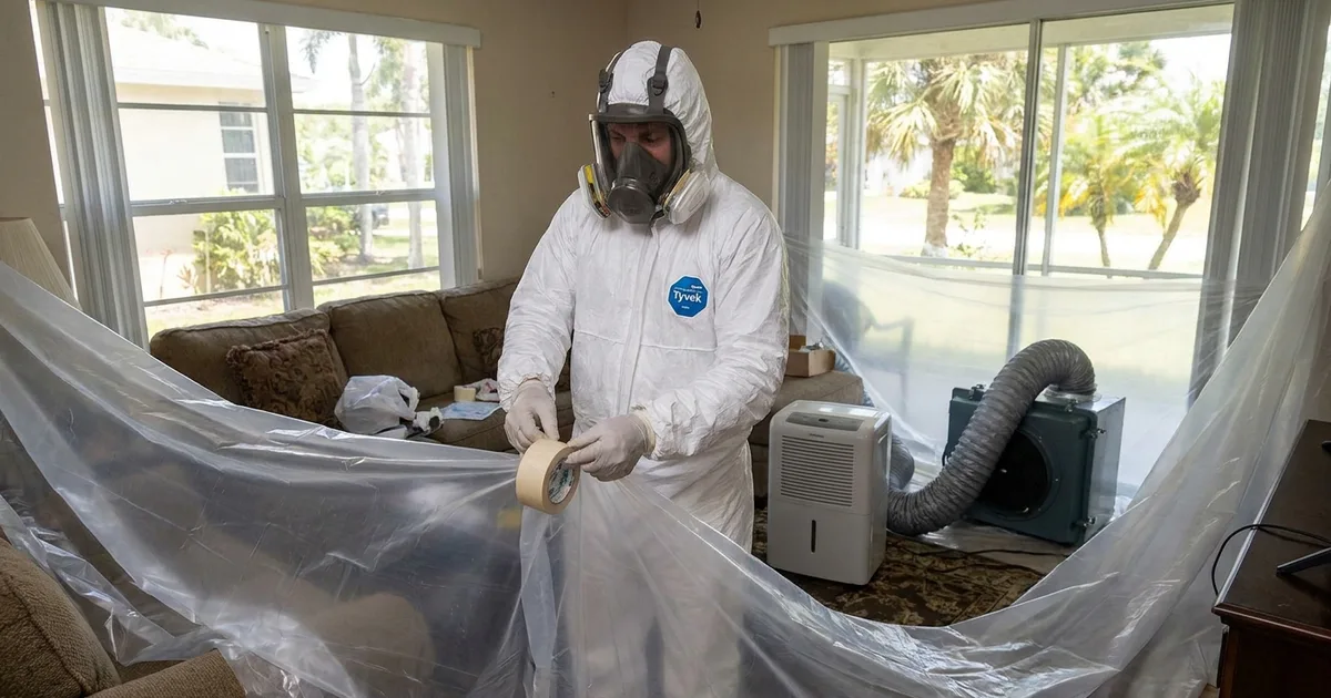 Mold remediation technician in protective gear working inside a sealed containment zone in a Central Florida home